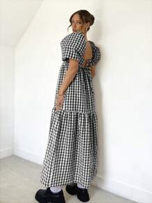 Siren Gaze 女士彩色格子泡泡袖夏季连衣裙夏威夷连衣裙飘逸连衣裙乡村连衣裙夏季女士连衣裙方格连衣裙 - 黑與白 - 查看 2