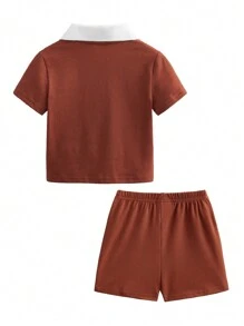 SHEIN Set di polo a maniche corte a righe multicolore con lettere sulla soffice maglia a trama grossa e pantaloncini a vita elastica, adatti per l"estate, per neonati maschi e femmine.
