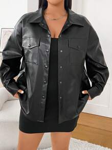 SHEIN EZwear Plus Size Black Minimalist PU Collar Shirt Jacket For Early Autumn Winter Fall - Black - View 10
