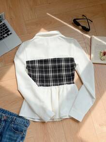 Comfortcana Camisa de manga larga suelta a cuadros empalmada para primavera/verano/otoño, conjunto de 2 piezas - Blanco - Ver 2