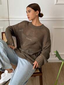 DAZY Letter Embroidery Oversized Long Sleeve Crew Neck Pattern Women Sweater Sheer,Fall Women Clothes - Green - View 1