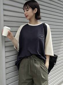 FRIFUL 女士简约休闲拼色圆领短袖T恤超大码T恤 - 藏蓝色 - 查看 3