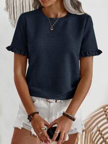 EMERY ROSE Women's Crew Neck Plain Simple Casual Ruffle Hem Short Sleeve Regular T-Shirt - Navy Blue - View 4