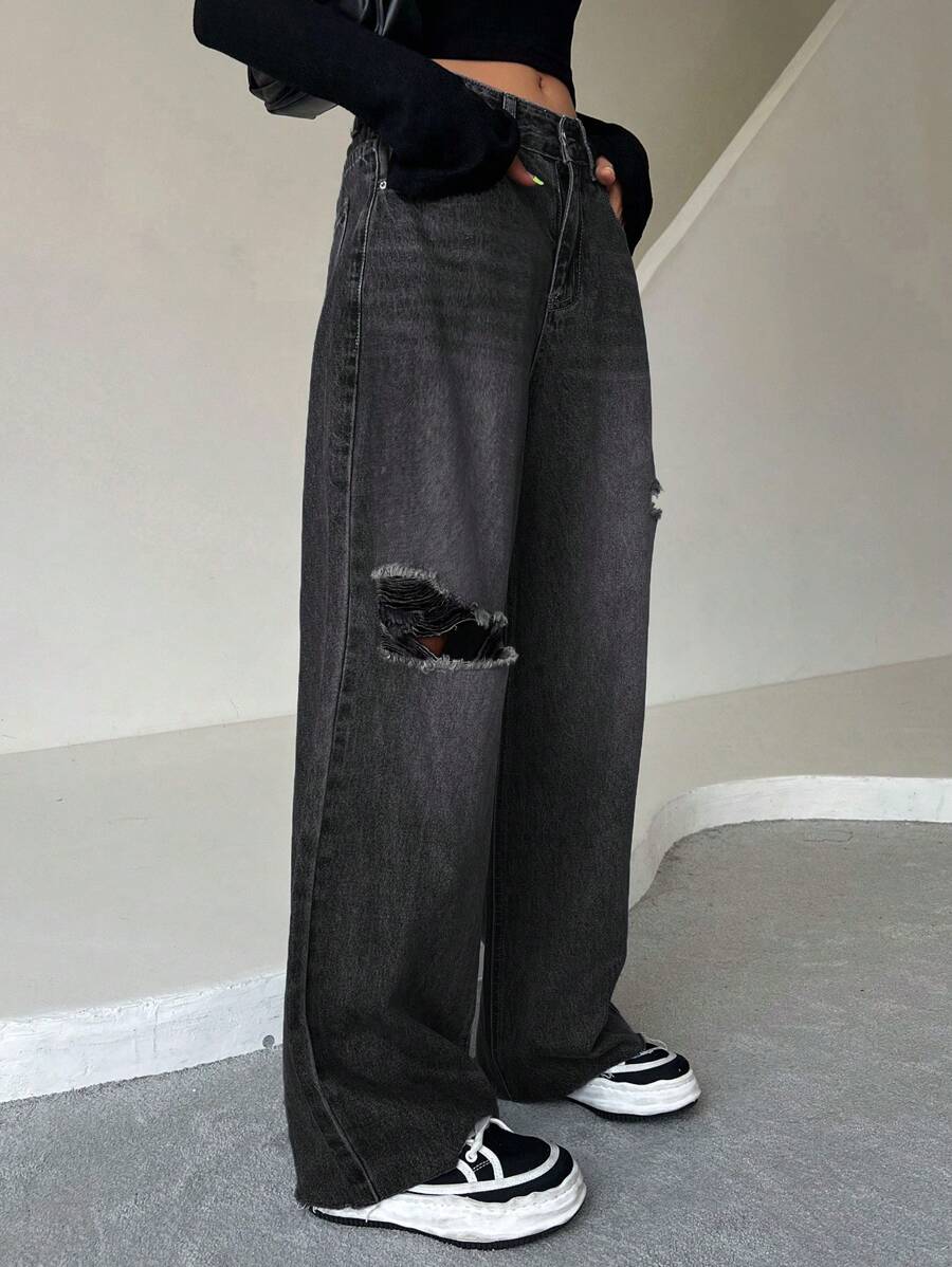 DAZY Women's Loose Distressed Straight Leg Jeans, Casual Street Style - Dark Grey - View 1