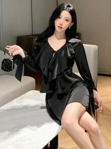 DAZY 2pcs Women's Solid Color Long Sleeve Elegant Flounce Summer Outfit Set,Ruffle Lounge Sets For Women School - Black - View 3