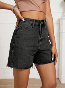 Front Button Multi-Pocket Frayed Hem Casual Denim Shorts - Dark Grey - View 5