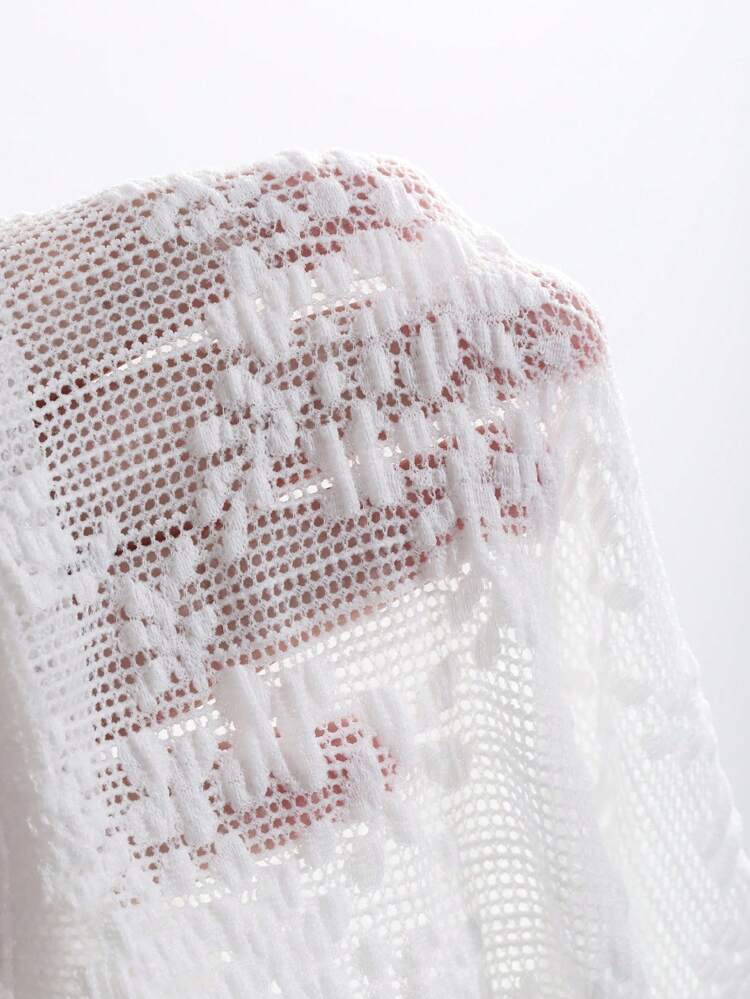 Women's Round Neck Short Sleeve Fashionable Delicate Sweet Slit Lace See-Through Blouse Sheer