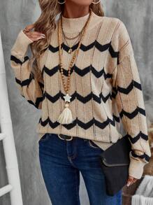 EMERY ROSE Women's Stand Collar Long Sleeve Striped Contrast Design Casual Pullover Sweater Fall Clothes Women - Brown - View 3