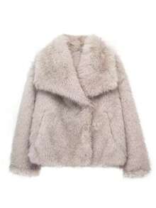 TRAFZA 女士仿皮草优雅外套，休闲奢华纯色大衣，保暖宽松女士时尚街头风长袖外套 - 淺灰色 - 查看 8