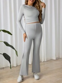 SHEIN 2pcs Maternity Solid Color Long Sleeve Simple Blouse And Pants Casual Suit - Light Grey - View 5