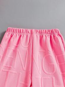 2 件套青少年女孩粉色圆领压花字母运动衫和压花字母休闲裤套装，秋冬 - 粉色 - 查看 5