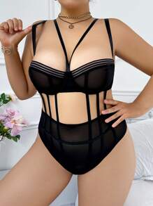 SHEIN 大码女式纯色简约休闲系带性感连体裤 - 黑色 - 查看 3