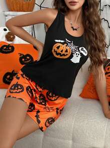 2pcs Halloween Cute Pumpkin & Ghost Print Vest & Shorts Pajama Set - Orange - View 4