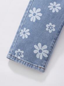 Baby Girls Cute Flower Printed Medium Blue Simple Casual Four Seasons All-Match All-Match Denim Pants