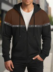 Manfinity Homme 男士前拉链长袖连帽运动衫，带抽绳，休闲日常穿着，抽绳拉链连帽衫 - 彩色 - 查看 1