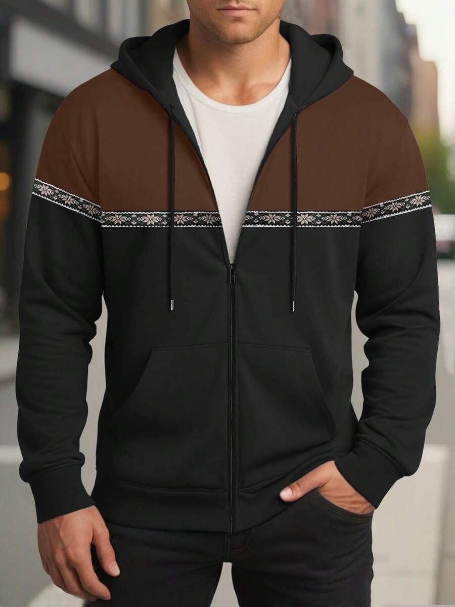 Manfinity Homme 男士前拉链长袖连帽运动衫，带抽绳，休闲日常穿着，抽绳拉链连帽衫 - 彩色 - 查看 1
