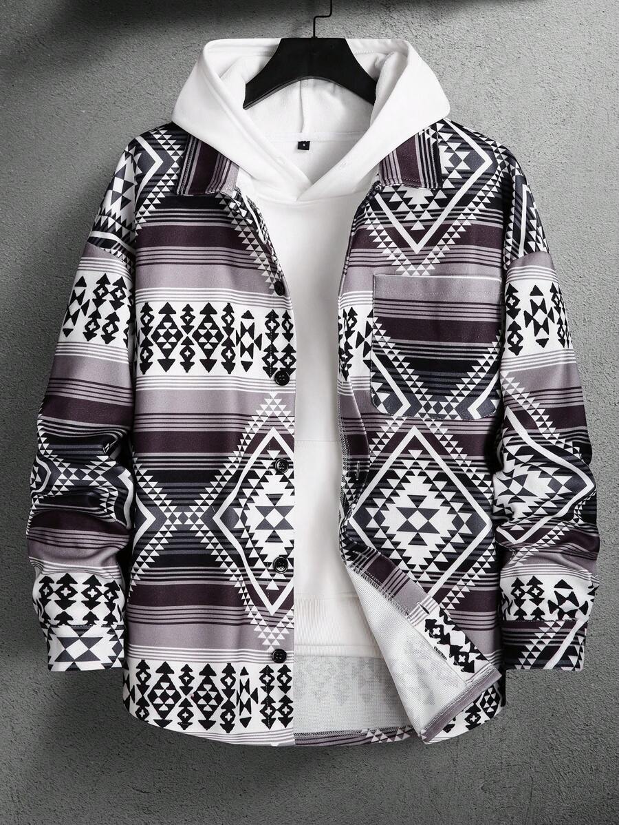Manfinity Homme Men Retro Print Lapel Zipper Long Sleeve Shacket, Going Out Shacket, For Friends, Husband, Boyfriend Gifts - Coffee Brown - View 1