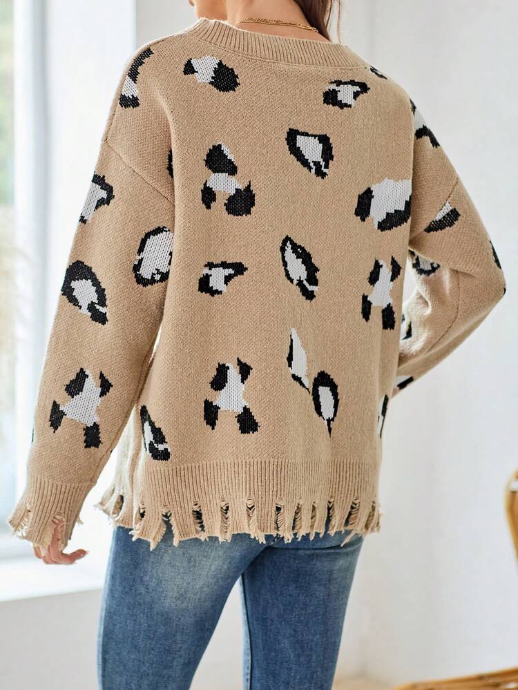 Women's V-Neck Long Sleeve Leopard Print Distressed Sweater