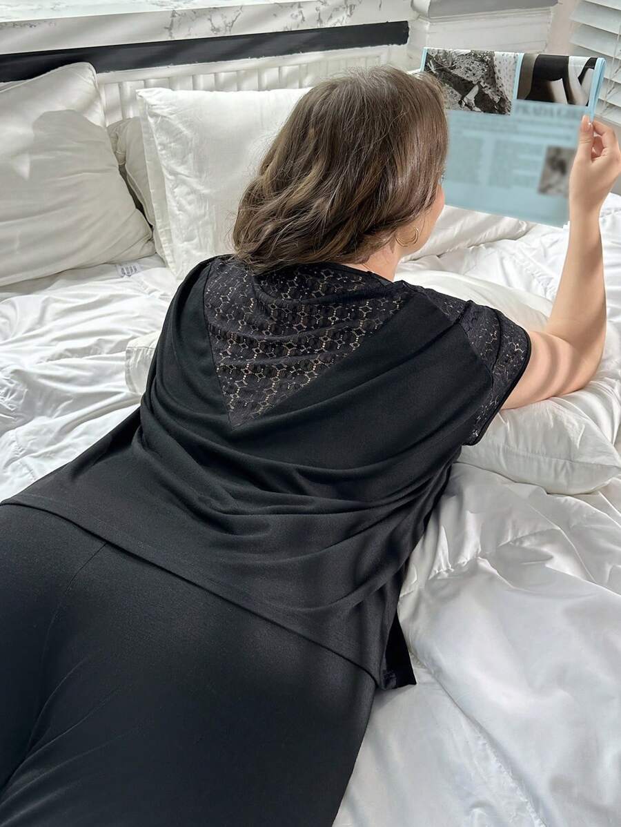 大码休闲镂空蕾丝拼布短袖睡衣套装