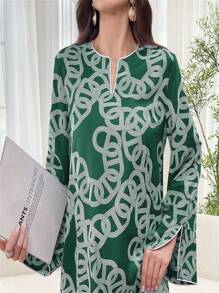 Yasmyna Women's Elegant Simple Printed Long Sleeve Casual Modest Arabian Dress Kaftan Jalabiya Dress - Green - View 3