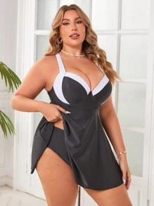 SHEIN Swim Curve Plus Size Summer Beach Colorblock Strappy Backless Swimdress And Solid Triangle Swimshorts Swimwear Set - Black - View 3