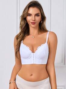 SHEIN Sexy Romantic Casual Comfortable Front Closure Lace Bra With Push-Up And Side Support Features, Anti-Sagging, And Adjustable, 1pc - White - View 8
