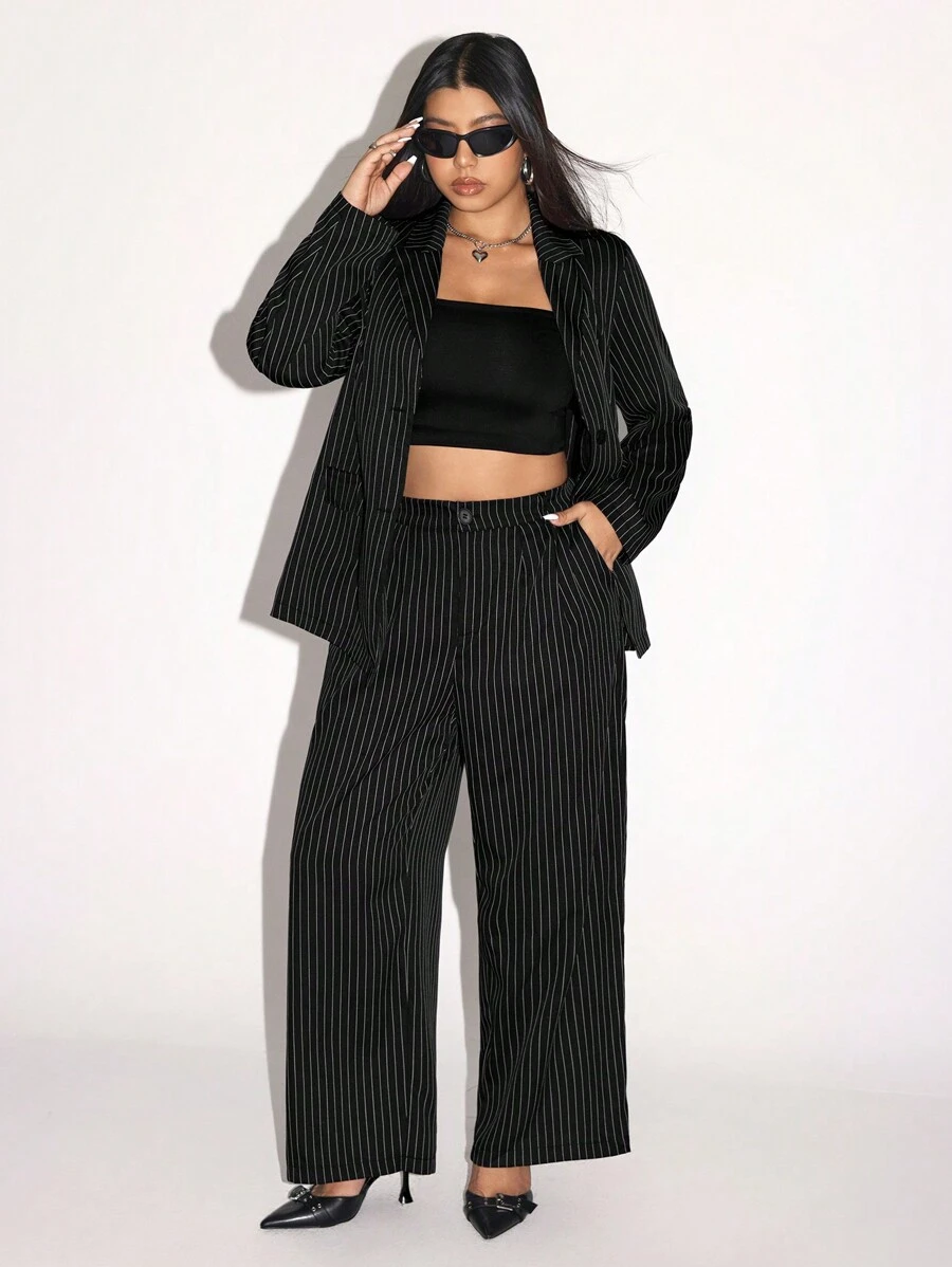 SHEIN ICON Plus Striped Minimalist Silhouette Suit Jacket And Pants - Black and White - View 1