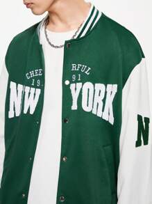 Manfinity Hypemode Men Letter Graphic Striped Trim Drop Shoulder Varsity Jacket - Green - View 3