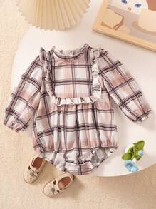 SHEIN Baby Girl Flounced Collar Long Sleeve Plaid Loose Comfy Romper, Korean Style