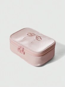 ROMWE Kawaii Bolsa de maquillaje linda con bordado, moño y tela de satén