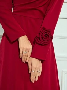 Modelyn Robe casual à manches longues avec décor floral de unicolore simple pour femmes - Rouge - Voir 2