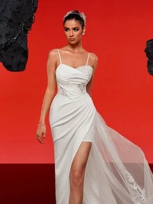 Spaghetti Strap Sexy Lace Patchwork High Slit Fish Tail Long Evening Dress - White - View 8