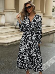 Femmeiva Random Print V-Neck Belted Long Sleeve Dress - Black - View 4