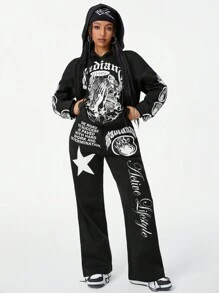 Coolane 女士秋季街头服饰嘻哈图案运动衫运动裤两件套服装 - 黑色 - 查看 5