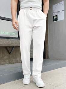 Manfinity VCAY Men Solid Color Pocket Straight Loose Woven Casual Trousers, For Fall - White - View 6