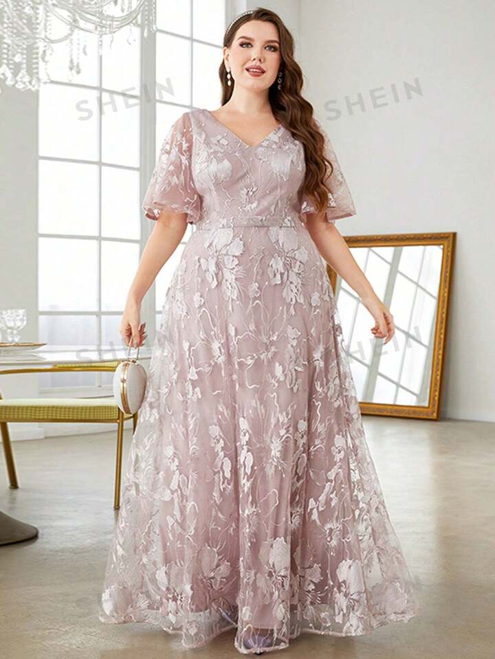 Plus Butterfly Sleeve Lace Formal Dress SHEIN