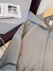 Chaqueta con capucha de sudadera con cremallera y estampado de estrella en la espalda, holgada y casual, de urbana, de color gris ultra suelto, de manga caída para niña preadolescente