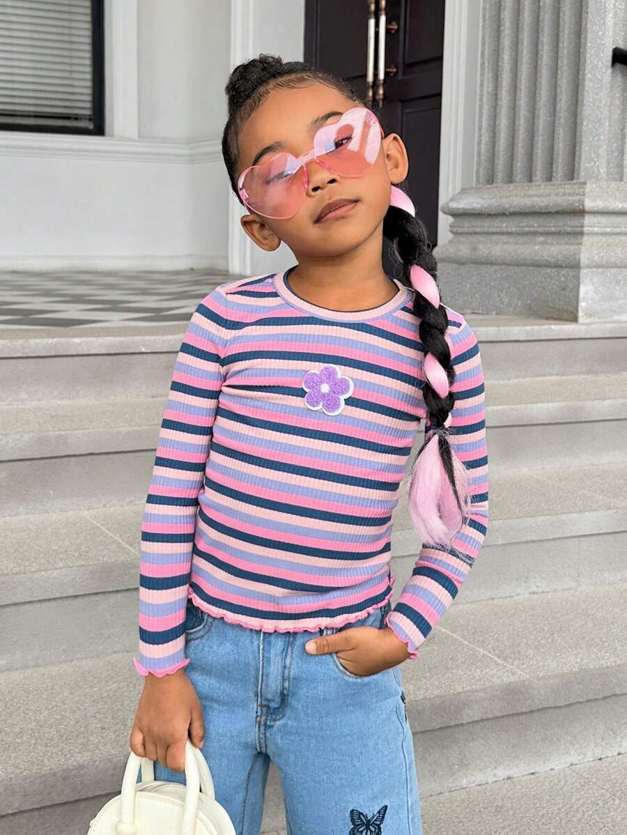 SHEIN Young Girl Striped Print Floral Patched Tee - Multicolor - View 1