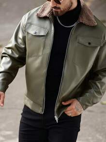 Manfinity Homme 男士拉链长袖 PU 皮革时尚摩托车夹克，冬秋季外出休闲夹克，适合送给朋友、丈夫、男朋友的礼物 - 軍綠色 - 查看 3