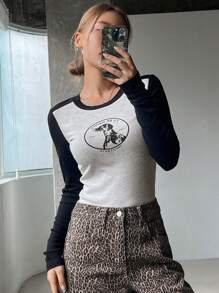 DAZY Women's Letter Print Color Block Long Sleeve T-Shirt,Fall Clothes Graphic Tee - Grey - View 8