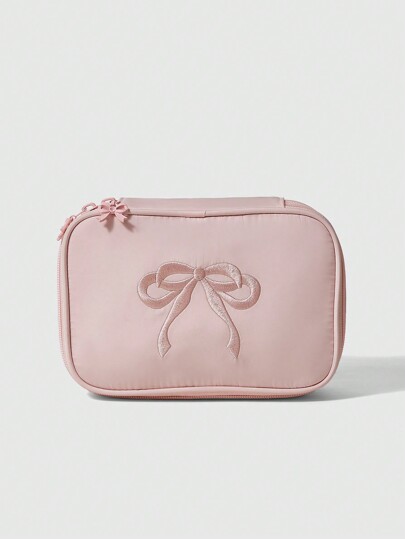 Kawaii Borsa per cosmetici in tessuto con fiocco ricamato