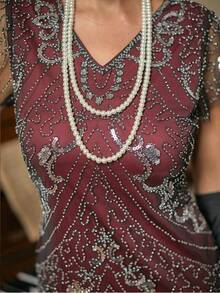 Fringe Hem Sequin Decor Dress 1920s Flapper Dress Long Fringed Gatsby Dress - Burgundy - View 6