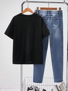 SHEIN Conjunto para adolescente de 2 piezas con estampado de coche informal, camiseta y pantalones vaqueros con agujeros desgastados, primavera/verano