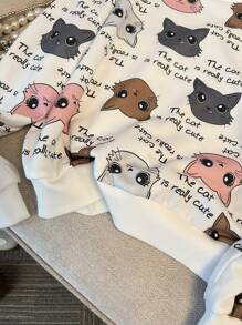 SHEIN Leap Crew 少女寬鬆休閒舒適的套頭衫，貓咪圖案長袖和圓領設計 - 白色 - 查看 3