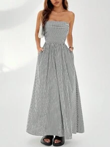 SHEIN EZwear 條紋印花斜口袋筒型中長裙 - 黑與白 - 查看 2