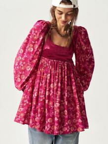 Bohemela Women's Floral Print Long Sleeve Mini Dress For Vacation, Autumn