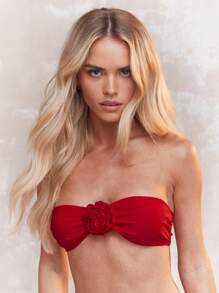 MISSGUIDED Rose Applique Bandeau Bikini Top With Low Rise Bikini Bottom Swim Set Summer - Red - View 3