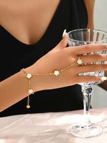 1 件 18K 镀金复古个性化百搭经典通勤时尚度假花卉设计手指连接后手链女士