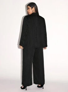 SHEIN ICON Plus Striped Minimalist Silhouette Suit Jacket And Pants - Black and White - View 2