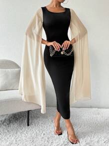 Chiquease Autumn Women Long Patchwork Cloak Sleeve Fitted Dress - Black - View 8